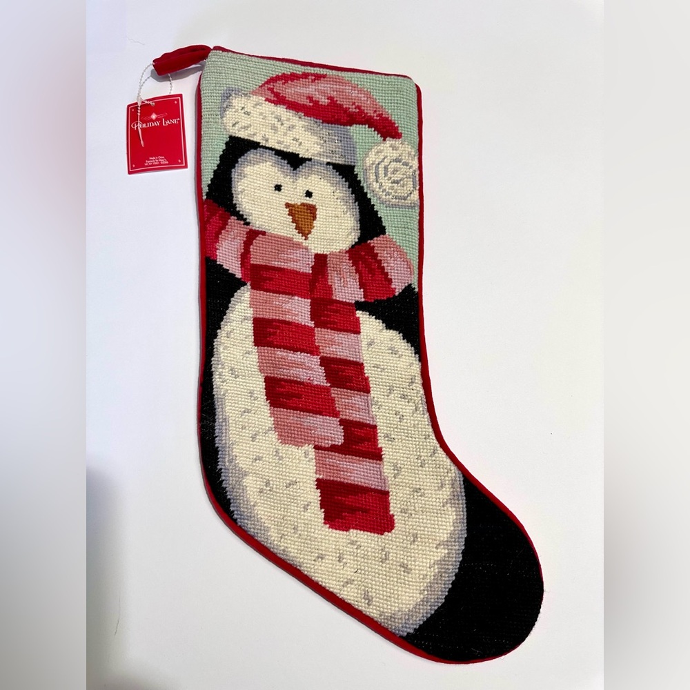 Holiday Lane Penguin Needlepoint Christmas Stocking with Velvet Back
